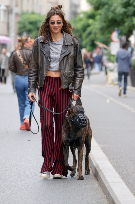 Young woman with leashed dog